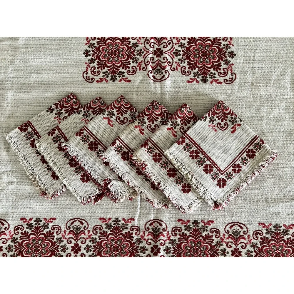 VTG Austrian Woven Folk Detailed Geometric Floral Tablecloth & 6 Napkins